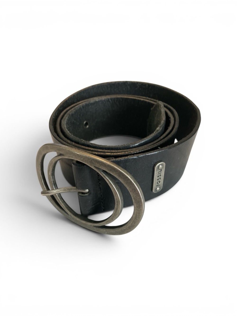Fossil Women's Vintage 90s Black Leather Belt with Silver Pewter Buckle L